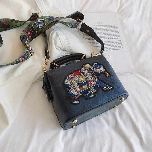 Petit Sac Main Vintage Brodé Éléphant - Élégance Éthérique Bleu