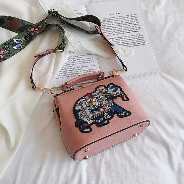 Petit Sac Main Vintage Brodé Éléphant - Élégance Éthérique Rose