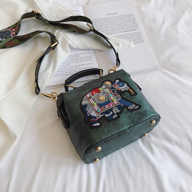 Petit Sac Main Vintage Brodé Éléphant - Élégance Éthérique Vert