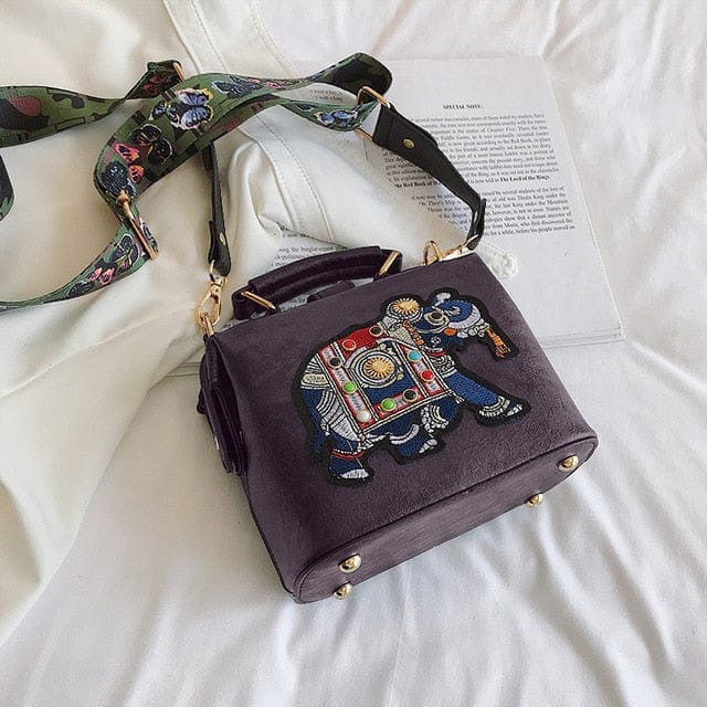 Petit Sac Main Vintage Brodé Éléphant - Élégance Éthérique Violet